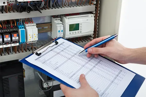 Inspector recording test results on a clipboard beside an open electrical control panel